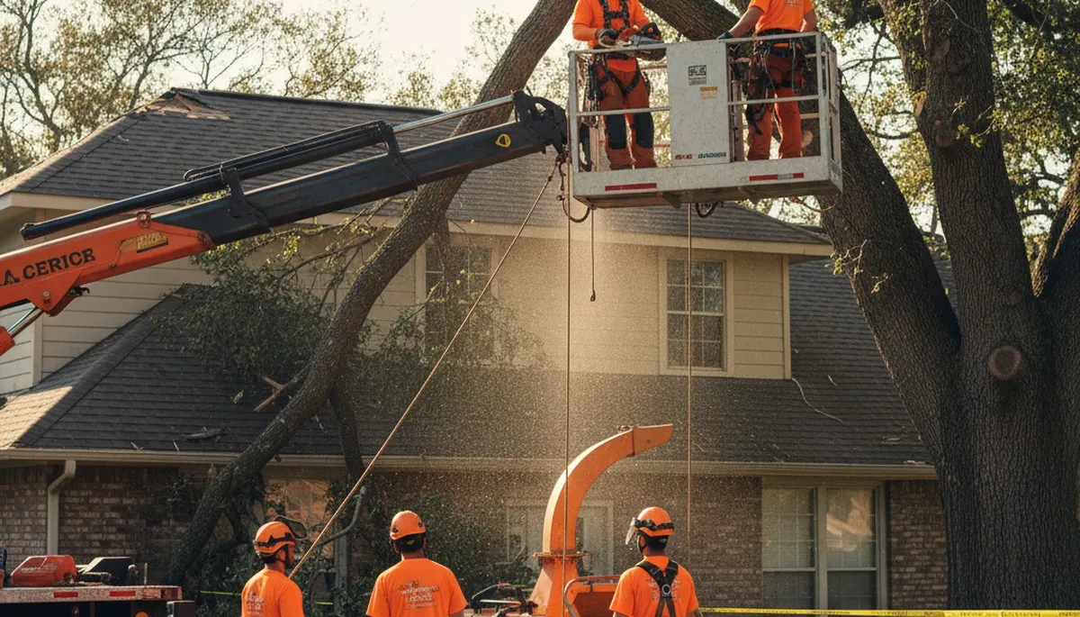 Emergency tree service crew in Waltham, MA removing storm-damaged fallen tree safely