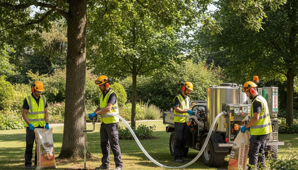 Arborist applying tree fertilizing service in Waltham, MA to support healthy, strong trees