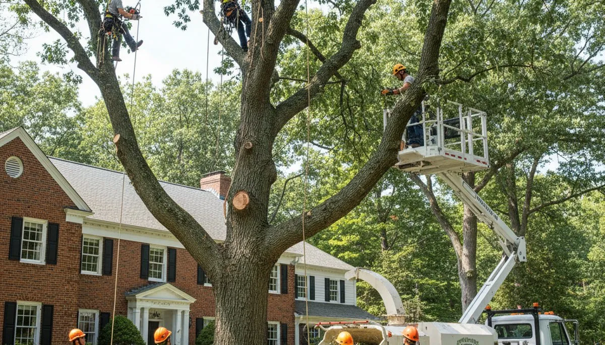 Tree service crew in Waltham, MA trimming and removing a tree for safe property clearance