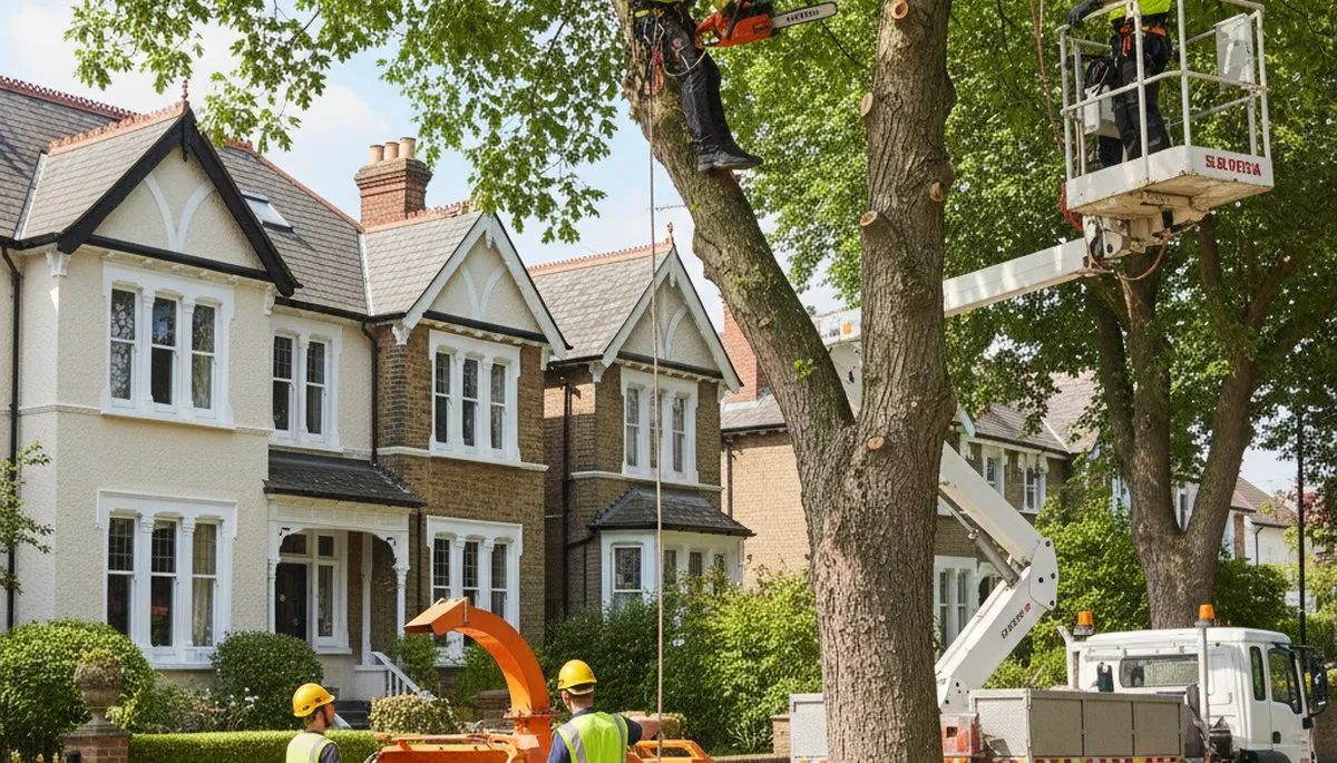 Tree service crew in Waltham, MA handling professional tree removal and trimming on a residential property