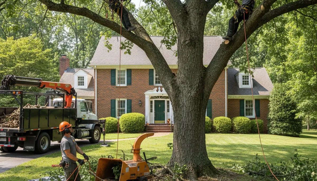 Tree service crew in Waltham, MA removing a tree for safe residential property care