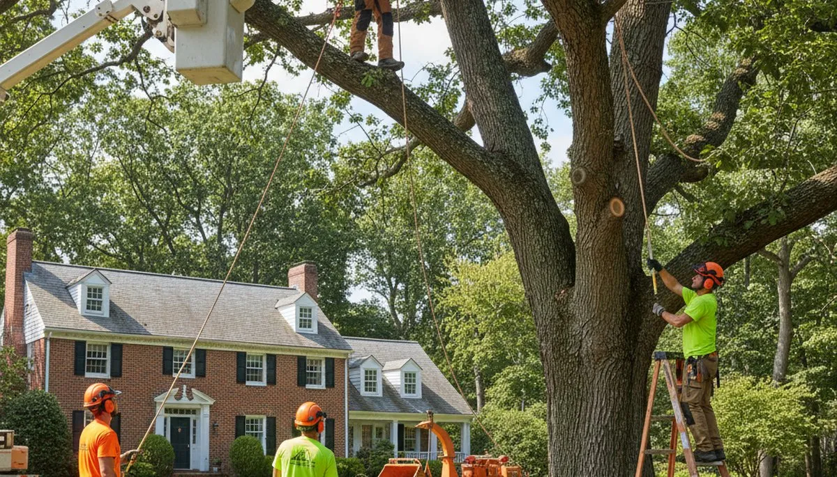 Tree service crew in Waltham, MA handling tree removal for a local property