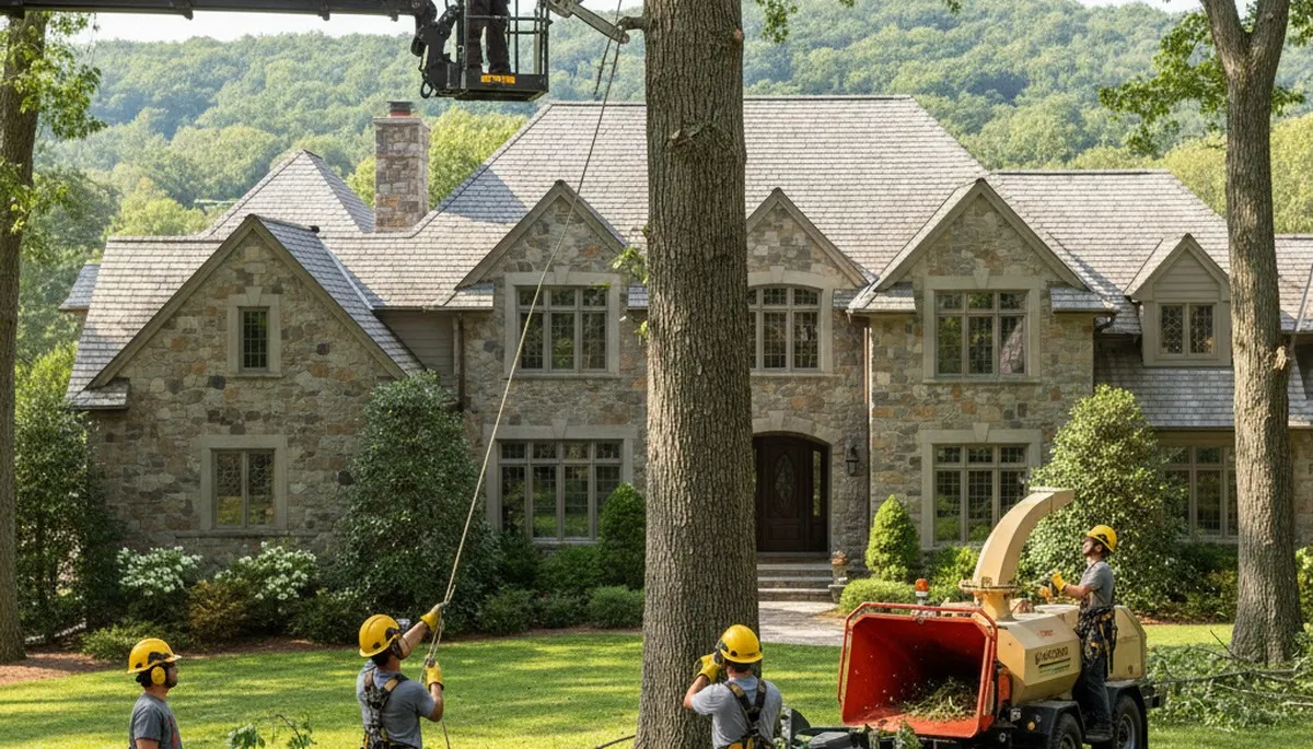 Tree service crew in Waltham, MA removing a tree for safe, professional property maintenance