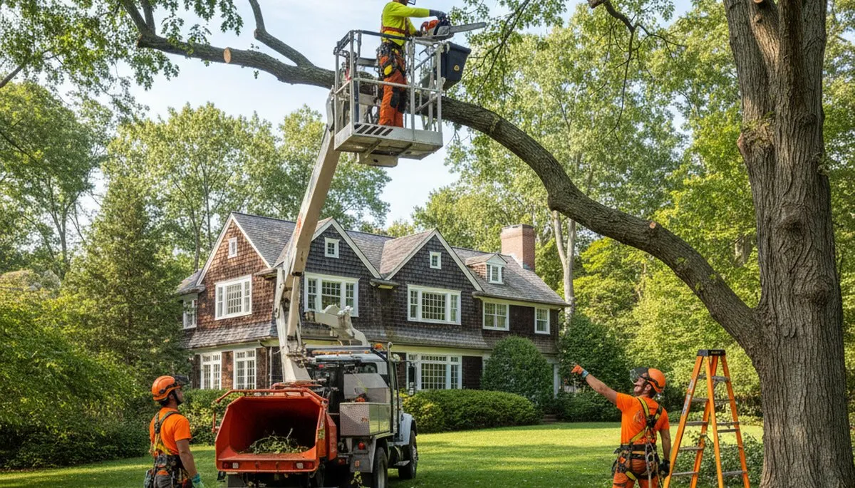 Tree service crew in Waltham, MA removing a tree for safe residential property care