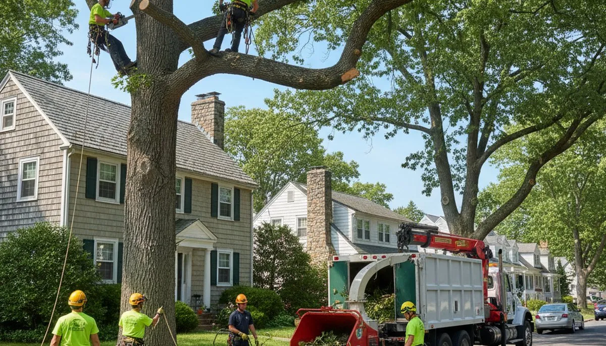 Tree service crew in Waltham, MA removing a tree for safe residential property maintenance