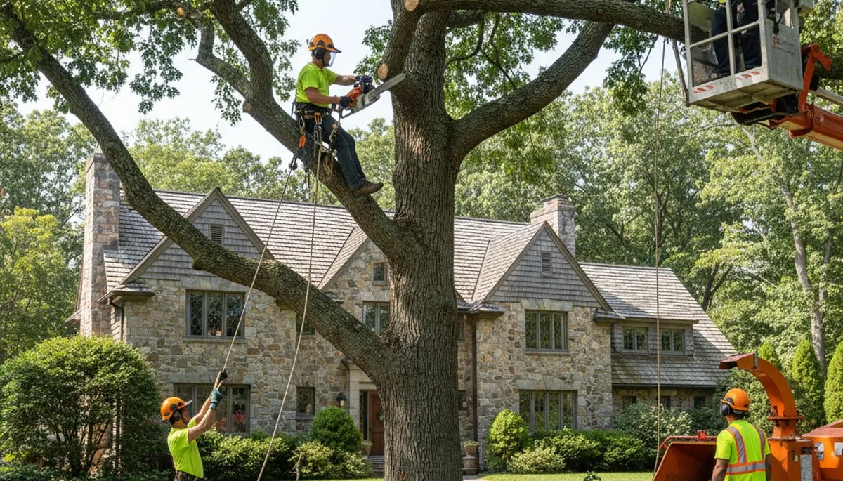 Tree service crew in Waltham, MA trimming and removing a tree for safe property clearance