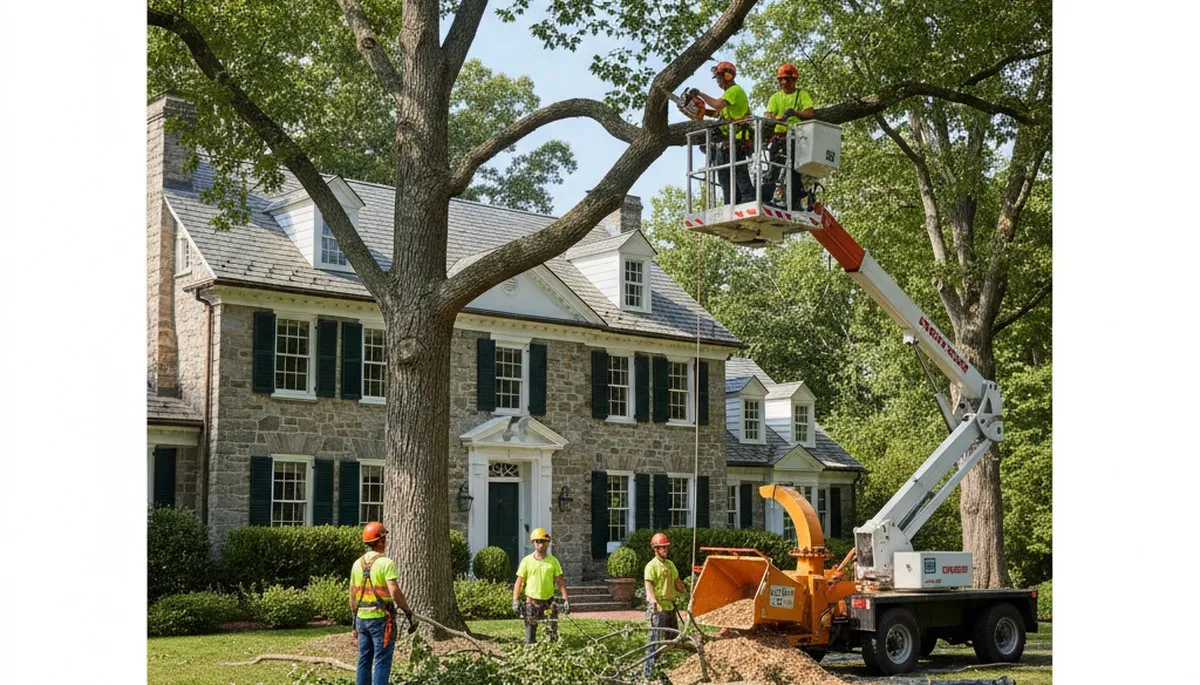 Tree service crew in Waltham, MA handling safe tree removal for a local property